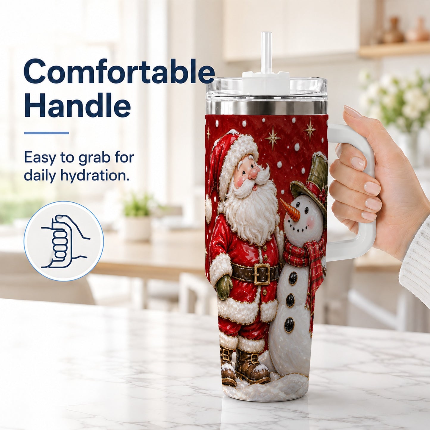 #pl[40oz|White] Santa Snowman 40oz Tumbler with Handle, Christmas Travel Cup