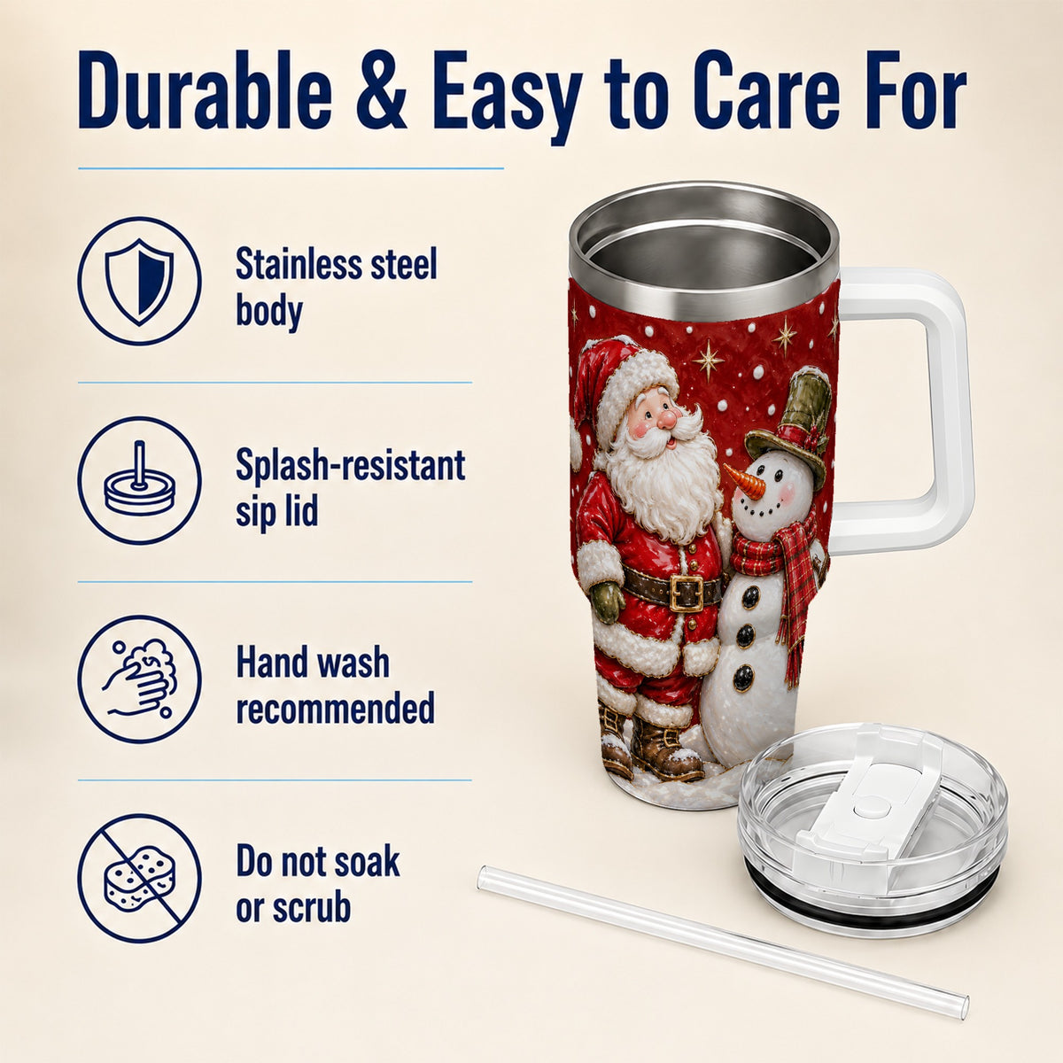 #pl[40oz|White] Santa Snowman 40oz Tumbler with Handle, Christmas Travel Cup