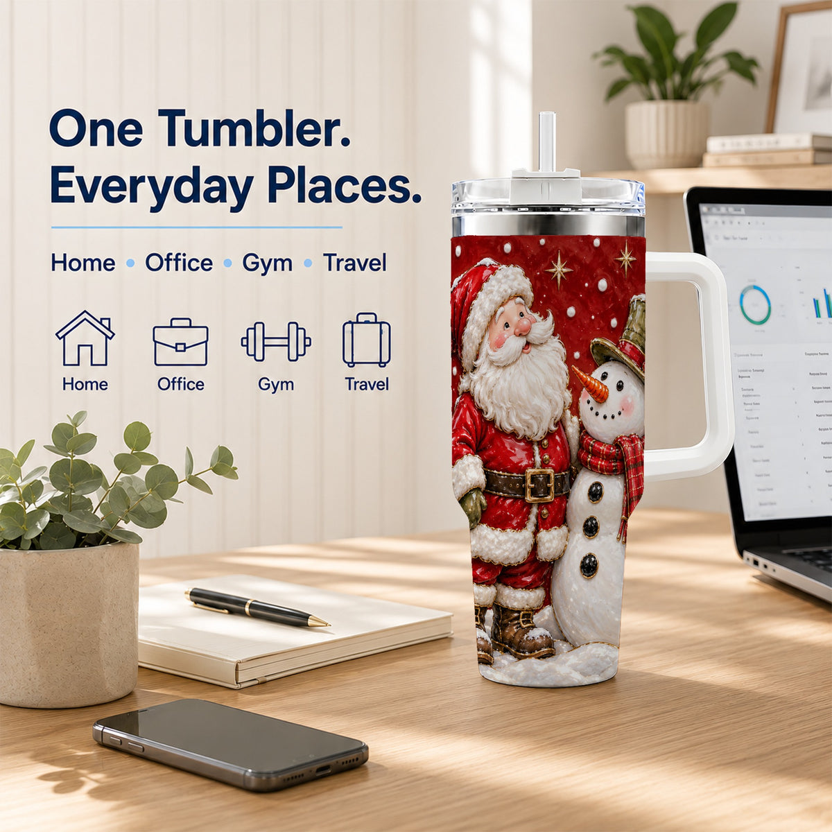 #pl[40oz|White] Santa Snowman 40oz Tumbler with Handle, Christmas Travel Cup