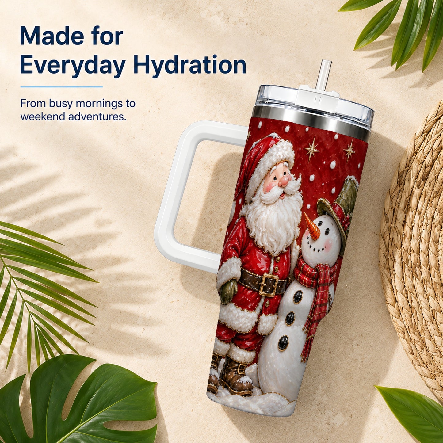 #pl[40oz|White] Santa Snowman 40oz Tumbler with Handle, Christmas Travel Cup