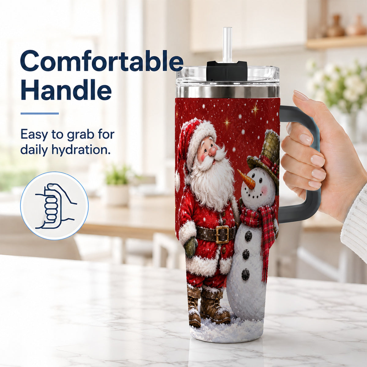 #pl[40oz|Black] Snowy Santa Snowman 40oz Tumbler with Handle, Winter Travel Cup