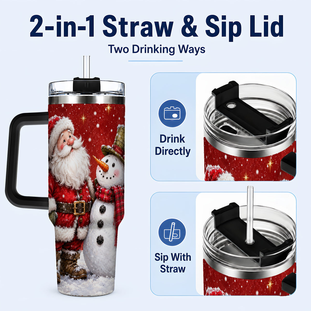 #pl[40oz|Black] Snowy Santa Snowman 40oz Tumbler with Handle, Winter Travel Cup