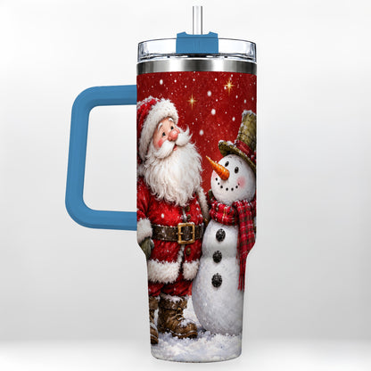 #pl[40oz|Blue] Snowy Santa Snowman 40oz Tumbler with Handle, Winter Travel Cup