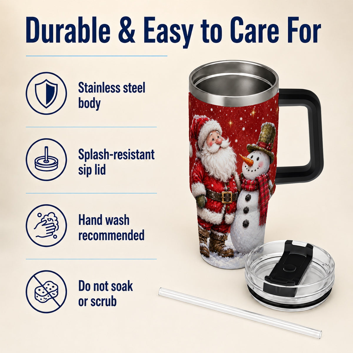 #pl[40oz|Black] Snowy Santa Snowman 40oz Tumbler with Handle, Winter Travel Cup