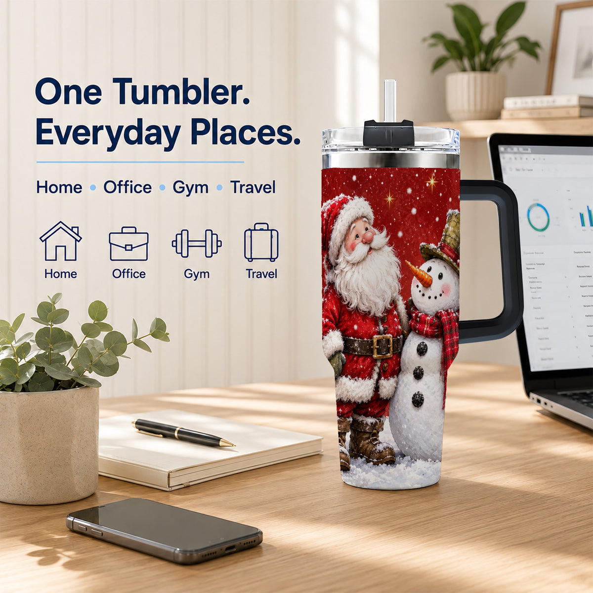 #pl[40oz|Black] Snowy Santa Snowman 40oz Tumbler with Handle, Winter Travel Cup