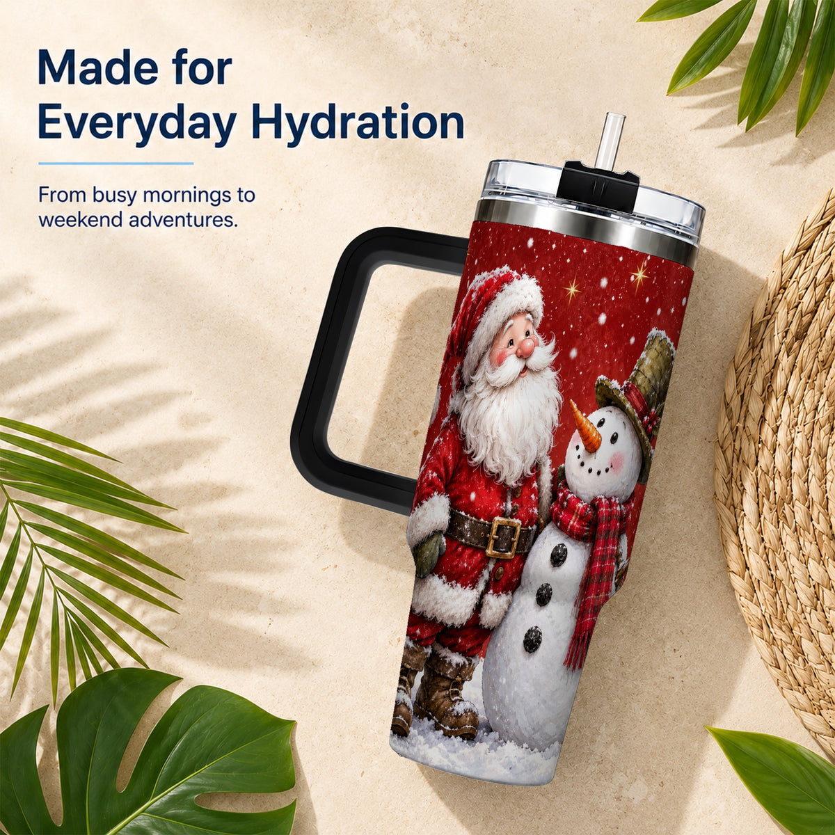 #pl[40oz|Black] Snowy Santa Snowman 40oz Tumbler with Handle, Winter Travel Cup