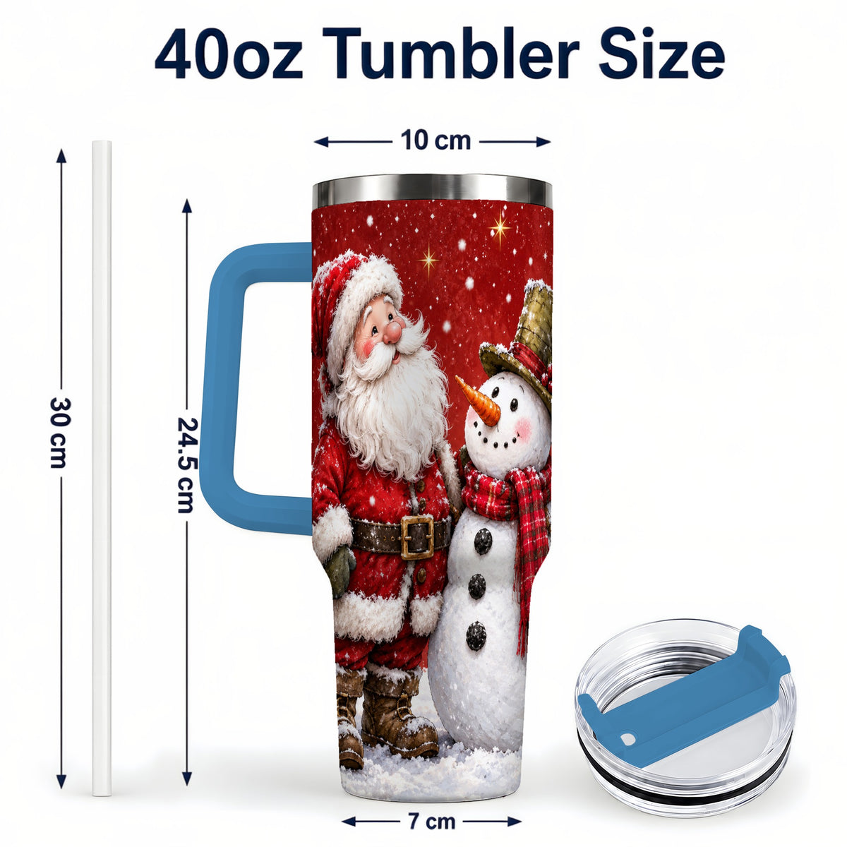 #pl[40oz|Blue] Snowy Santa Snowman 40oz Tumbler with Handle, Winter Travel Cup