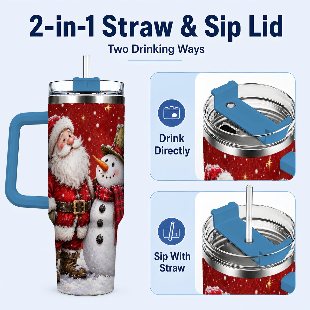 #pl[40oz|Blue] Snowy Santa Snowman 40oz Tumbler with Handle, Winter Travel Cup