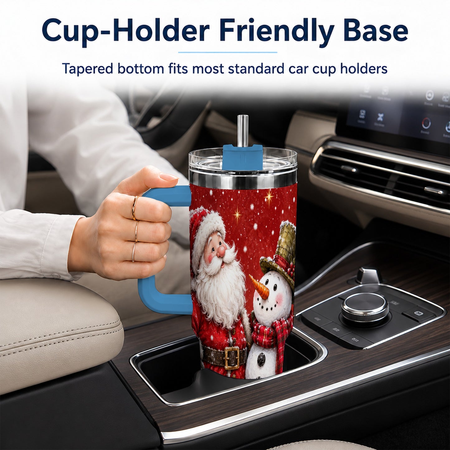#pl[40oz|Blue] Snowy Santa Snowman 40oz Tumbler with Handle, Winter Travel Cup