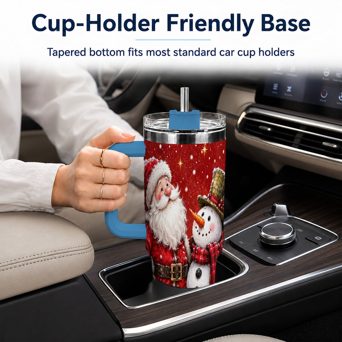 #pl[40oz|Blue] Snowy Santa Snowman 40oz Tumbler with Handle, Winter Travel Cup