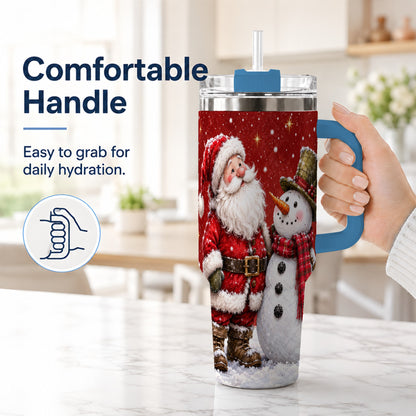 #pl[40oz|Blue] Snowy Santa Snowman 40oz Tumbler with Handle, Winter Travel Cup