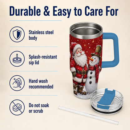 #pl[40oz|Blue] Snowy Santa Snowman 40oz Tumbler with Handle, Winter Travel Cup