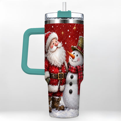 #pl[40oz|Green] Snowy Santa Snowman 40oz Tumbler with Handle, Winter Travel Cup