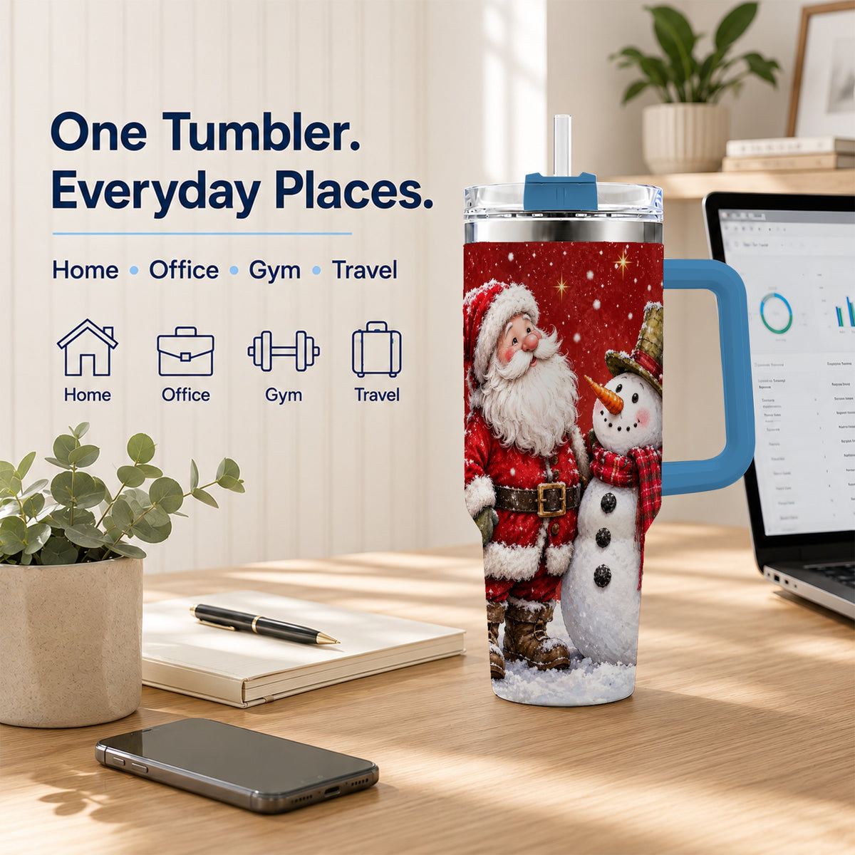 #pl[40oz|Blue] Snowy Santa Snowman 40oz Tumbler with Handle, Winter Travel Cup