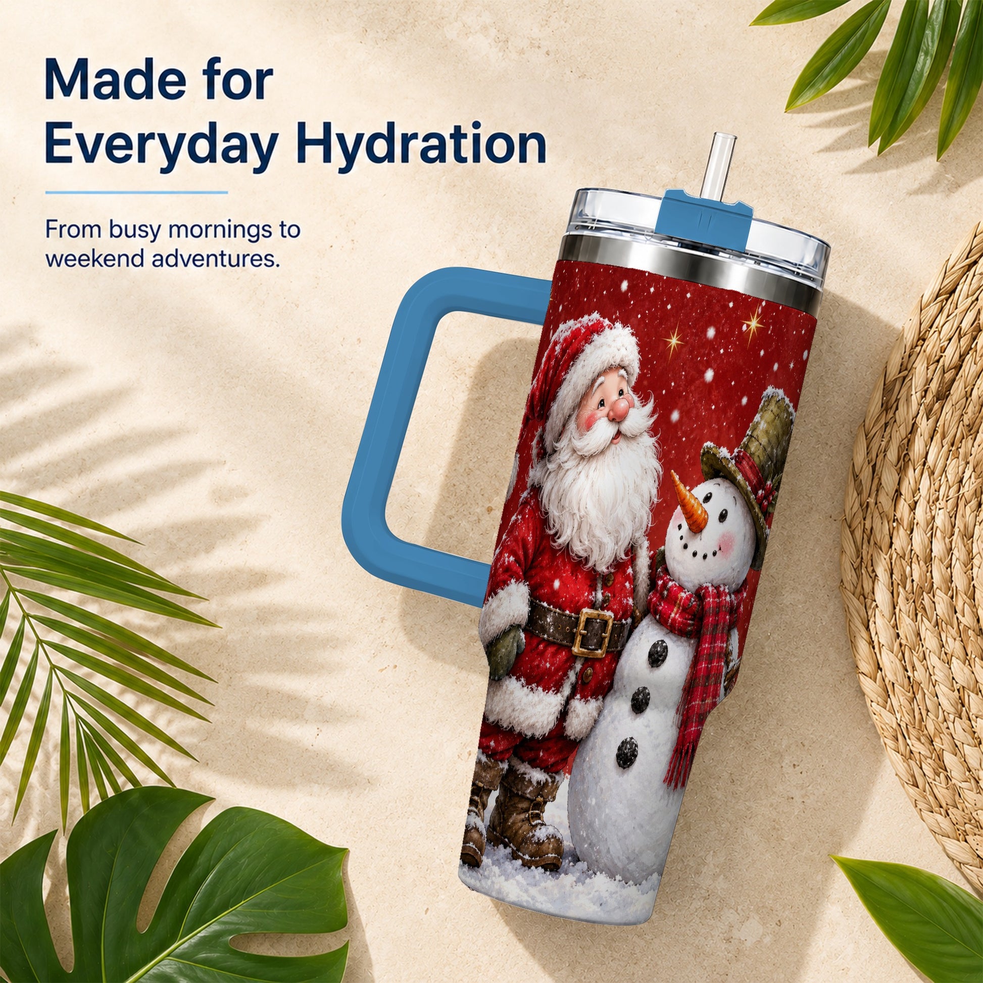 #pl[40oz|Blue] Snowy Santa Snowman 40oz Tumbler with Handle, Winter Travel Cup