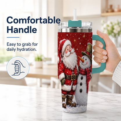 #pl[40oz|Green] Snowy Santa Snowman 40oz Tumbler with Handle, Winter Travel Cup
