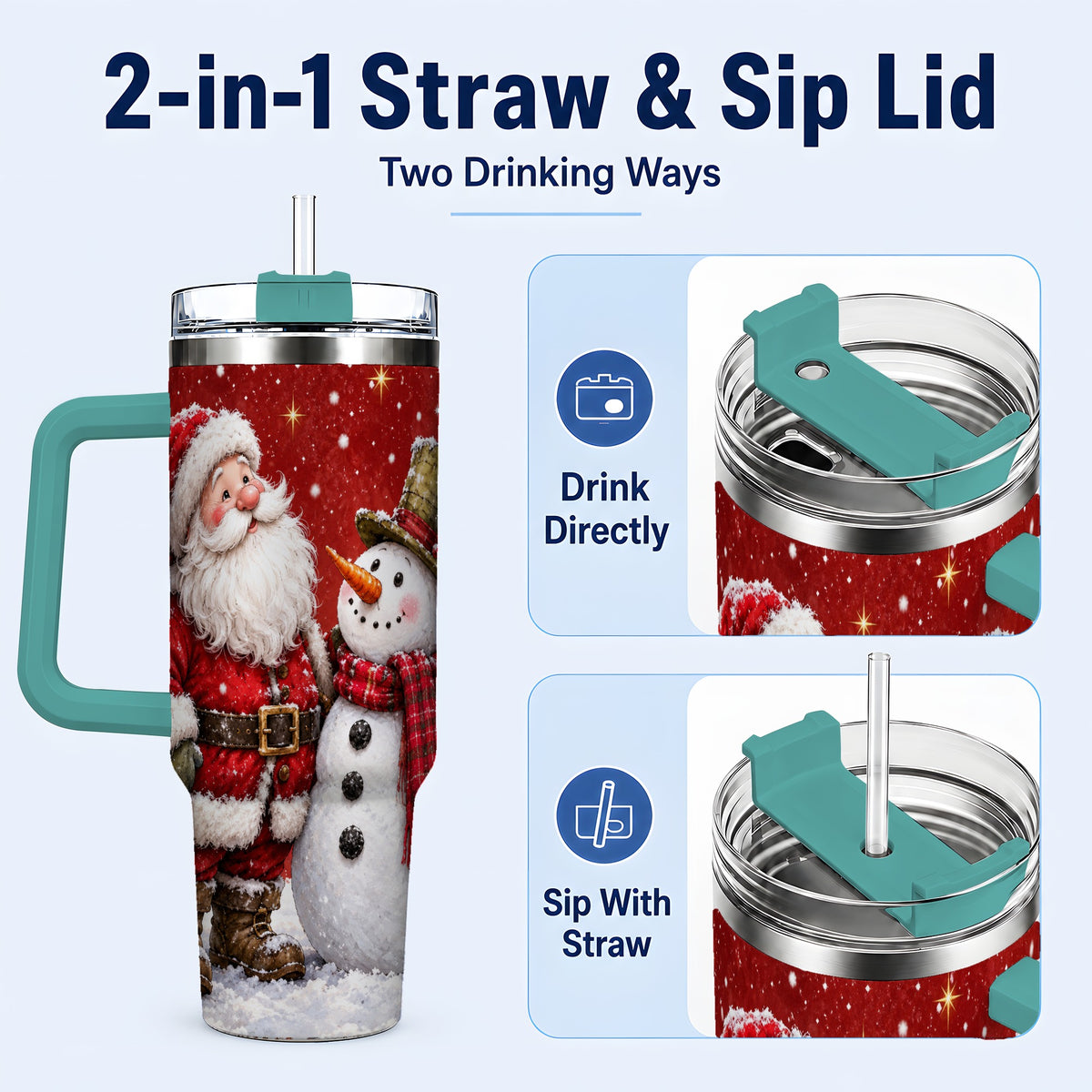 #pl[40oz|Green] Snowy Santa Snowman 40oz Tumbler with Handle, Winter Travel Cup