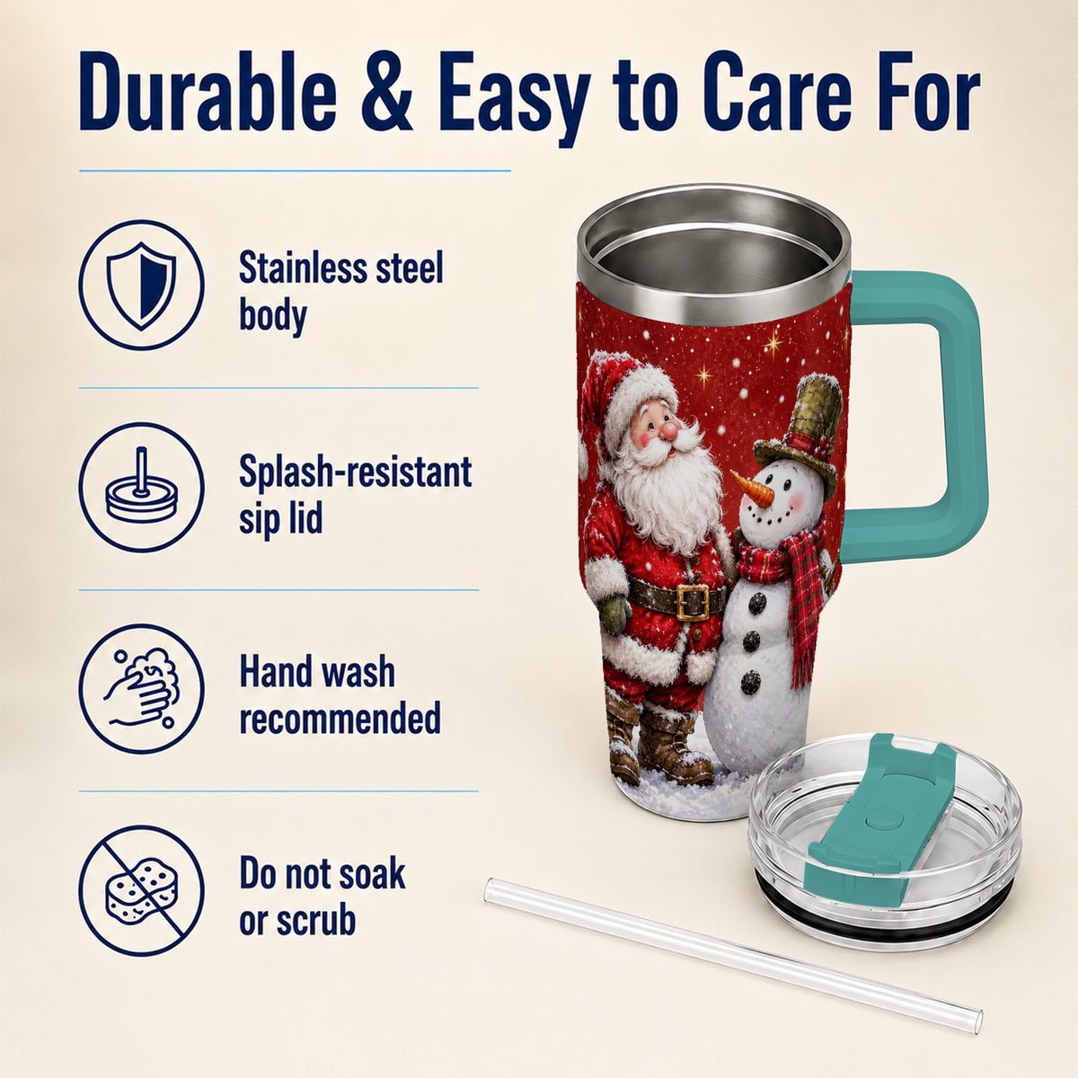 #pl[40oz|Green] Snowy Santa Snowman 40oz Tumbler with Handle, Winter Travel Cup