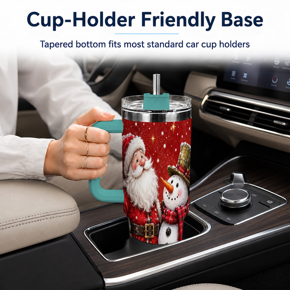 #pl[40oz|Green] Snowy Santa Snowman 40oz Tumbler with Handle, Winter Travel Cup