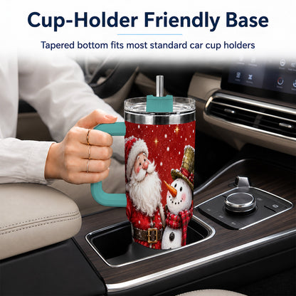 #pl[40oz|Green] Snowy Santa Snowman 40oz Tumbler with Handle, Winter Travel Cup