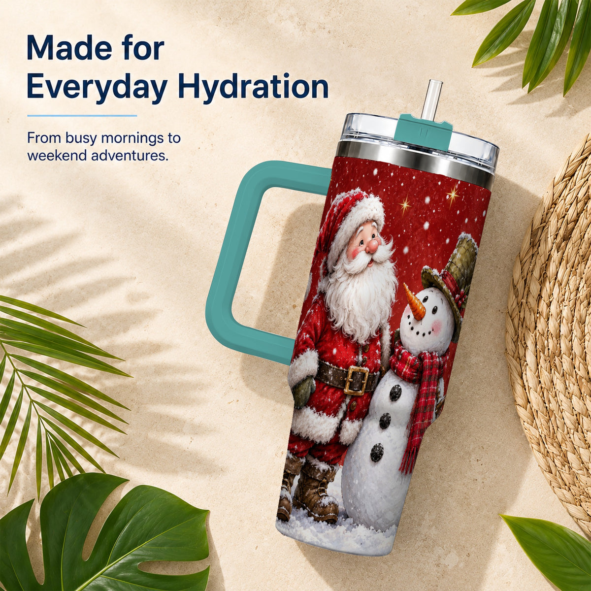 #pl[40oz|Green] Snowy Santa Snowman 40oz Tumbler with Handle, Winter Travel Cup