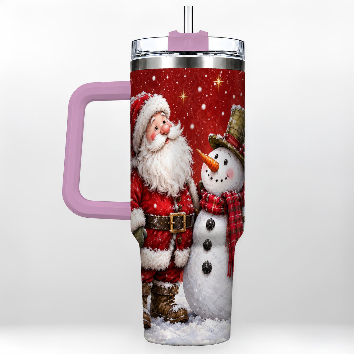 #pl[40oz|Pink] Snowy Santa Snowman 40oz Tumbler with Handle, Winter Travel Cup