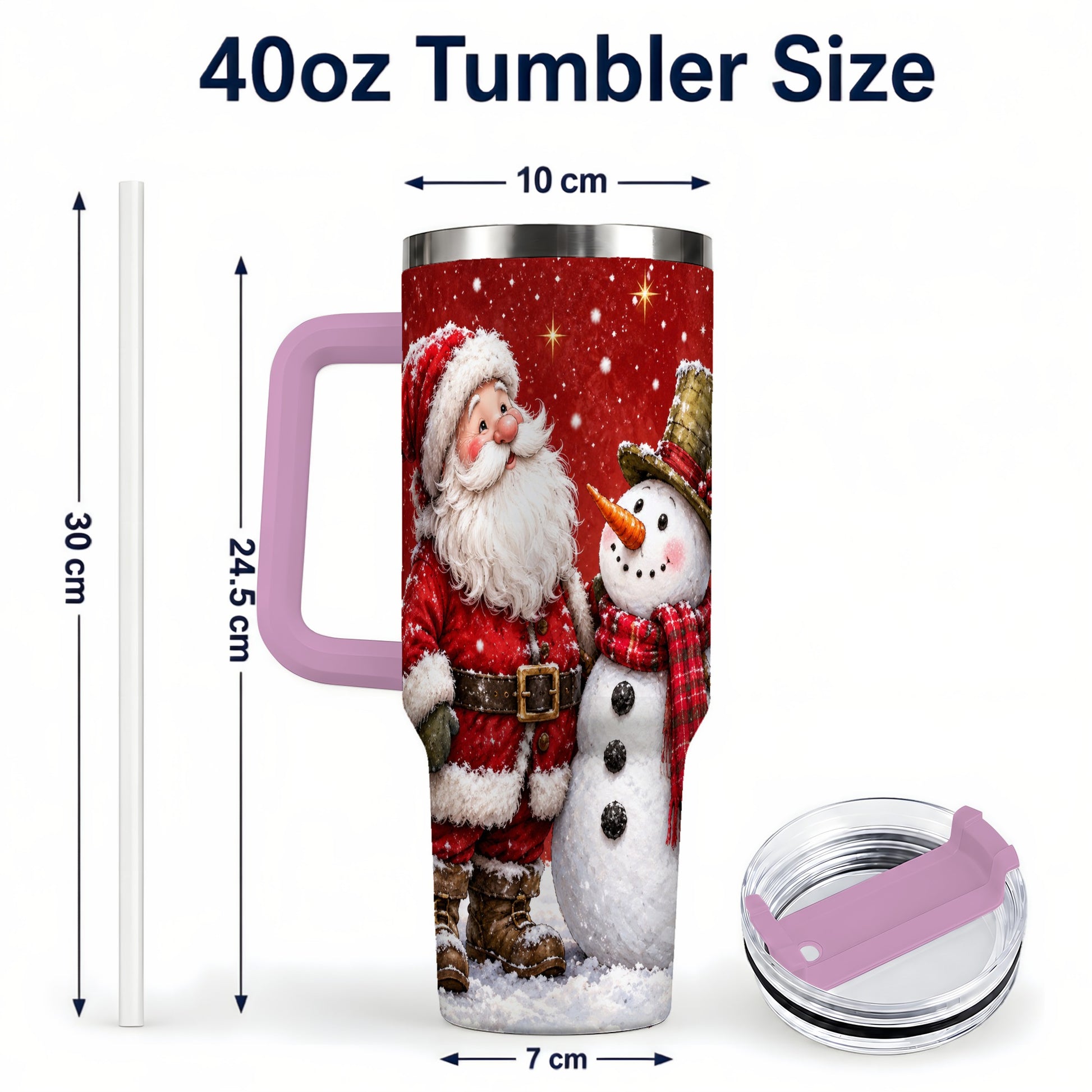 #pl[40oz|Pink] Snowy Santa Snowman 40oz Tumbler with Handle, Winter Travel Cup