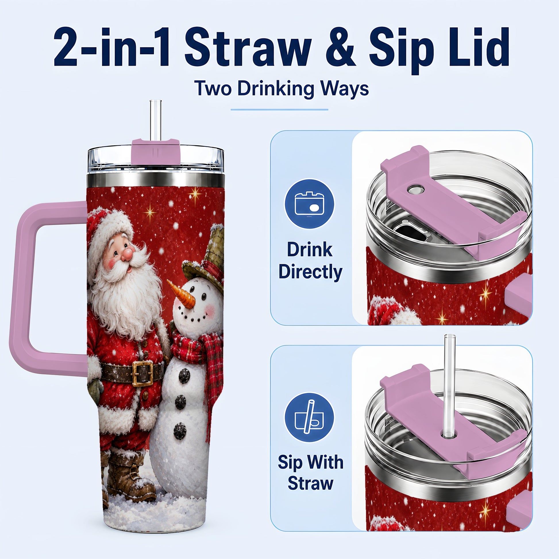 #pl[40oz|Pink] Snowy Santa Snowman 40oz Tumbler with Handle, Winter Travel Cup
