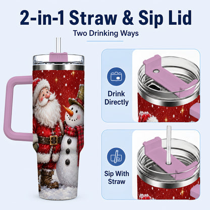 #pl[40oz|Pink] Snowy Santa Snowman 40oz Tumbler with Handle, Winter Travel Cup