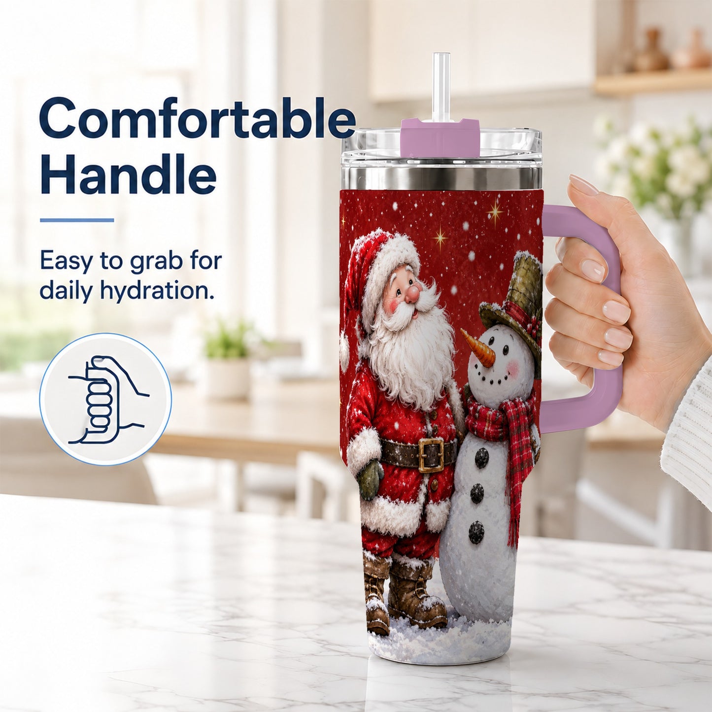 #pl[40oz|Pink] Snowy Santa Snowman 40oz Tumbler with Handle, Winter Travel Cup