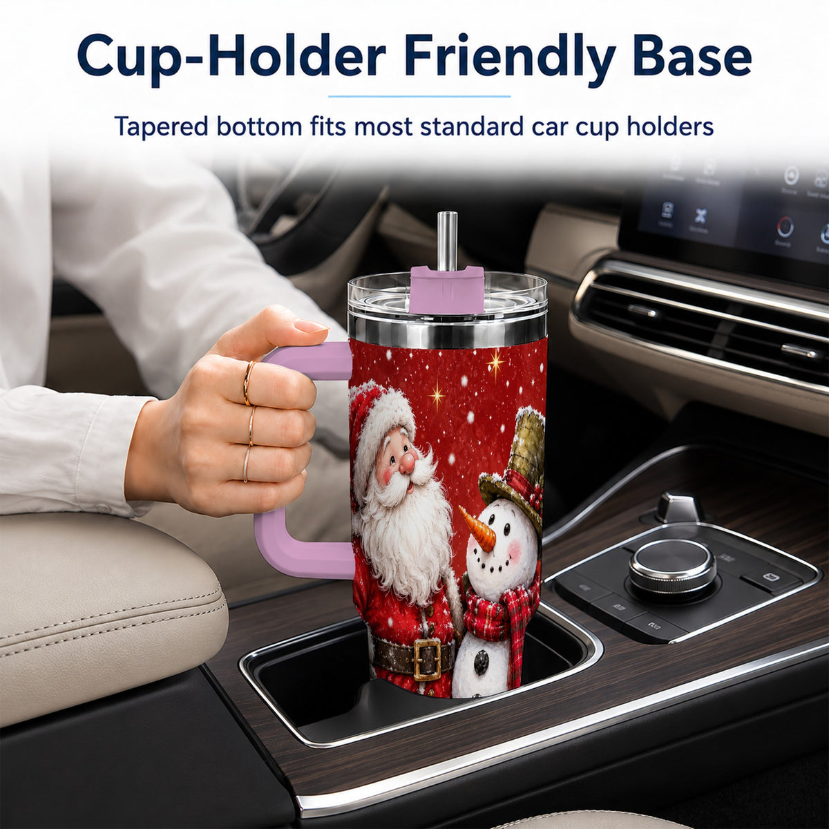 #pl[40oz|Pink] Snowy Santa Snowman 40oz Tumbler with Handle, Winter Travel Cup