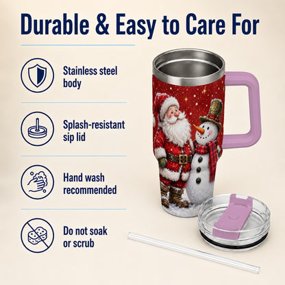 #pl[40oz|Pink] Snowy Santa Snowman 40oz Tumbler with Handle, Winter Travel Cup