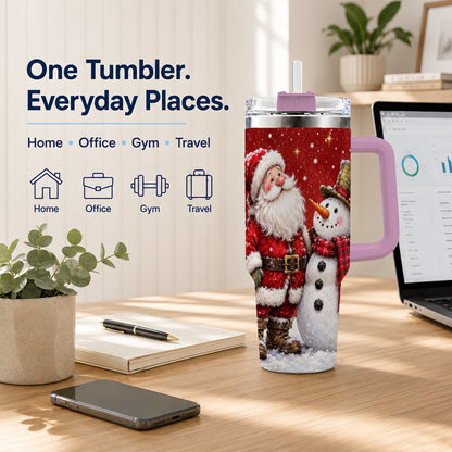 #pl[40oz|Pink] Snowy Santa Snowman 40oz Tumbler with Handle, Winter Travel Cup
