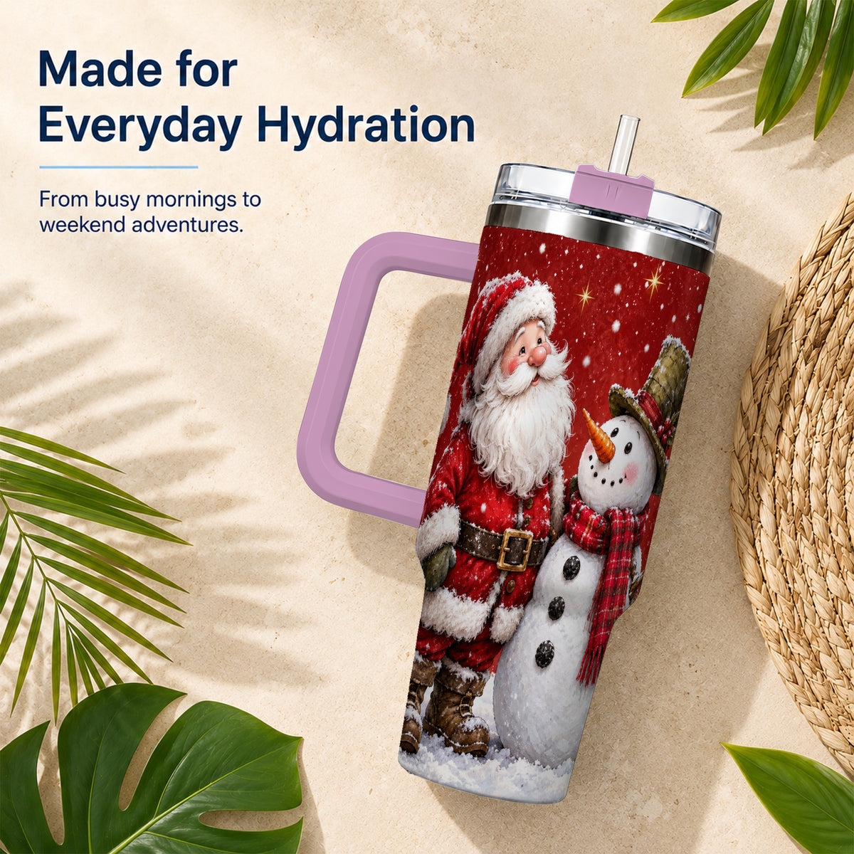#pl[40oz|Pink] Snowy Santa Snowman 40oz Tumbler with Handle, Winter Travel Cup