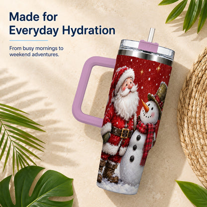 #pl[40oz|Pink] Snowy Santa Snowman 40oz Tumbler with Handle, Winter Travel Cup
