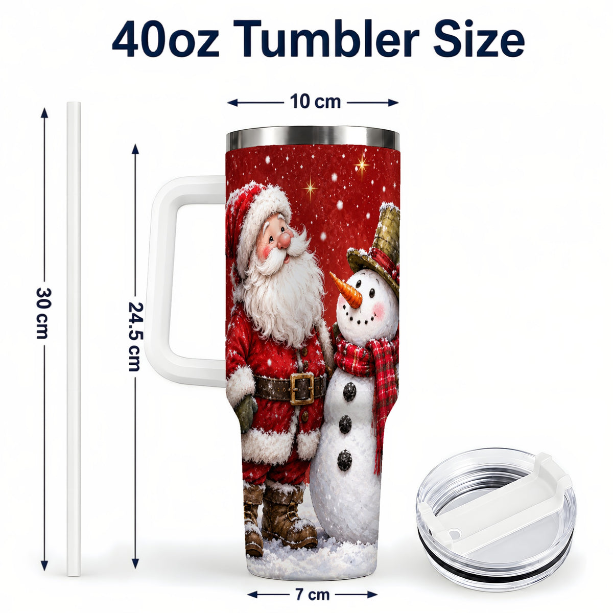 #pl[40oz|White] Snowy Santa Snowman 40oz Tumbler with Handle, Winter Travel Cup