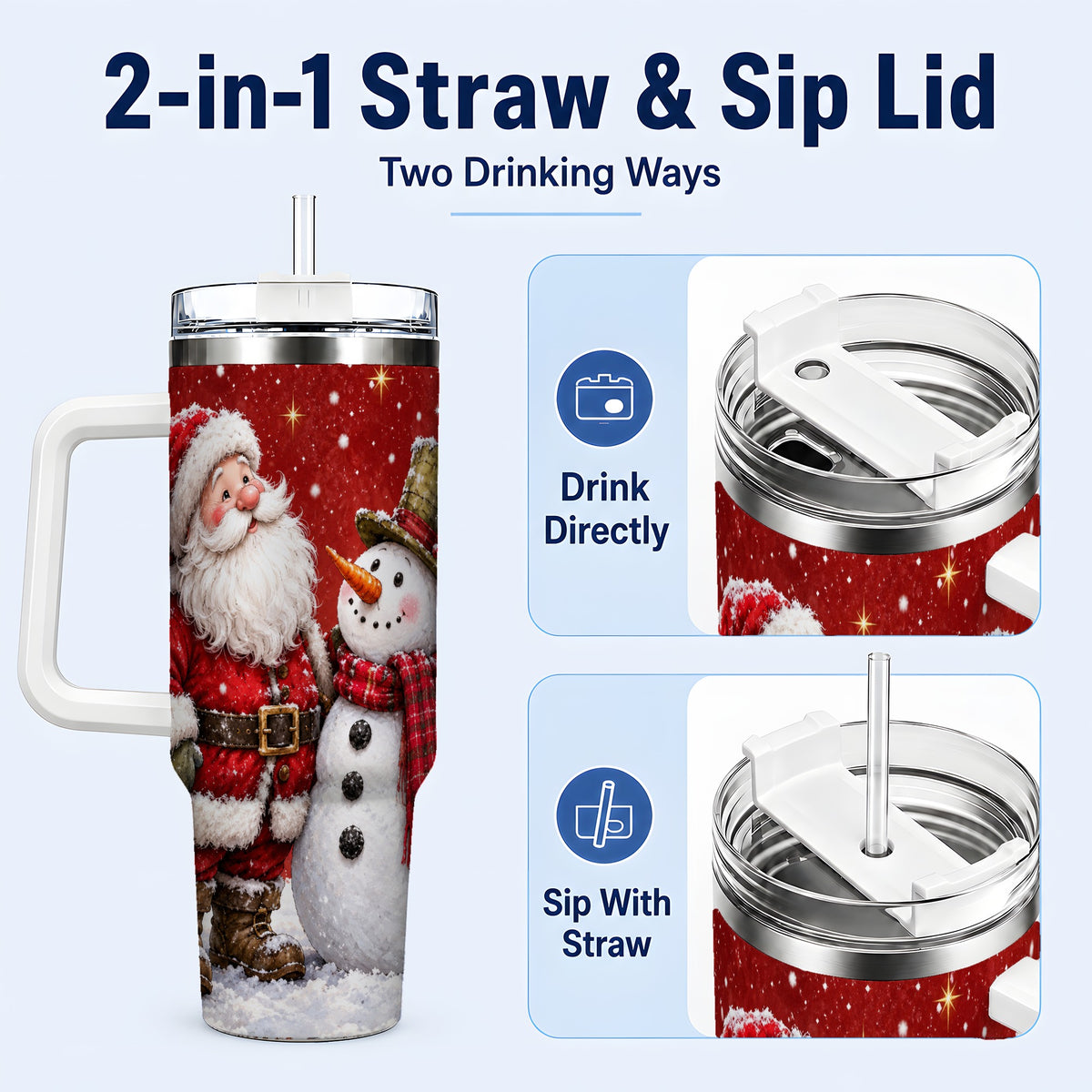 #pl[40oz|White] Snowy Santa Snowman 40oz Tumbler with Handle, Winter Travel Cup