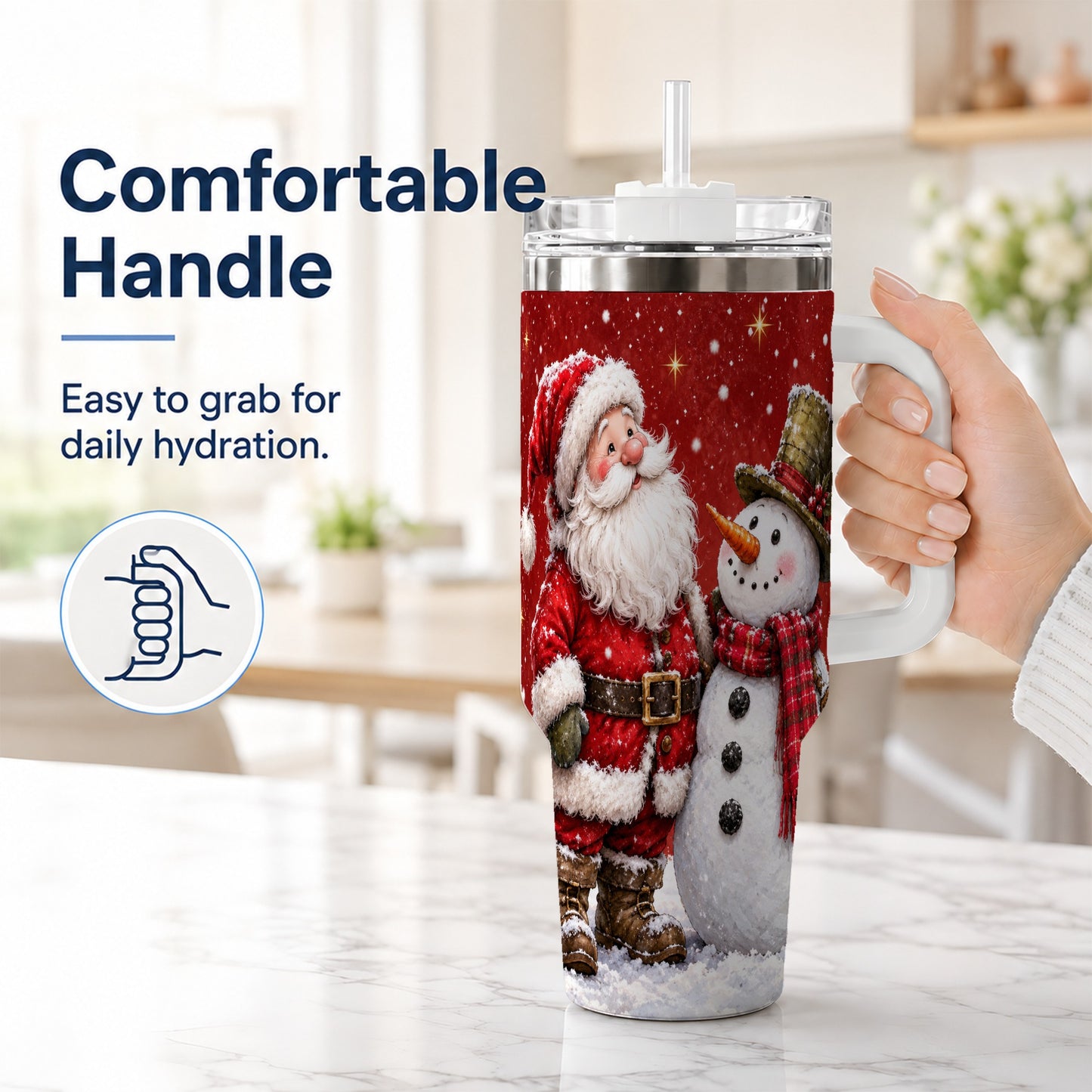 #pl[40oz|White] Snowy Santa Snowman 40oz Tumbler with Handle, Winter Travel Cup