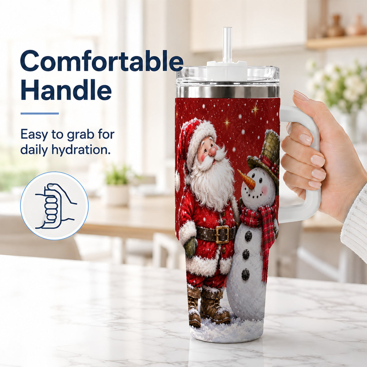 #pl[40oz|White] Snowy Santa Snowman 40oz Tumbler with Handle, Winter Travel Cup