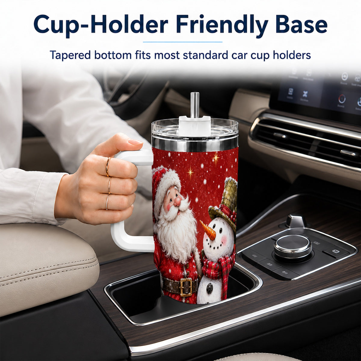 #pl[40oz|White] Snowy Santa Snowman 40oz Tumbler with Handle, Winter Travel Cup