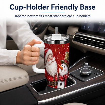 #pl[40oz|White] Snowy Santa Snowman 40oz Tumbler with Handle, Winter Travel Cup