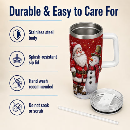 #pl[40oz|White] Snowy Santa Snowman 40oz Tumbler with Handle, Winter Travel Cup