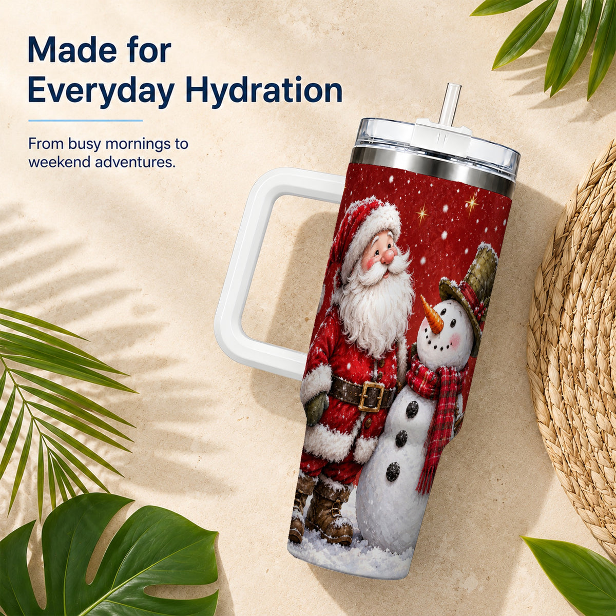 #pl[40oz|White] Snowy Santa Snowman 40oz Tumbler with Handle, Winter Travel Cup