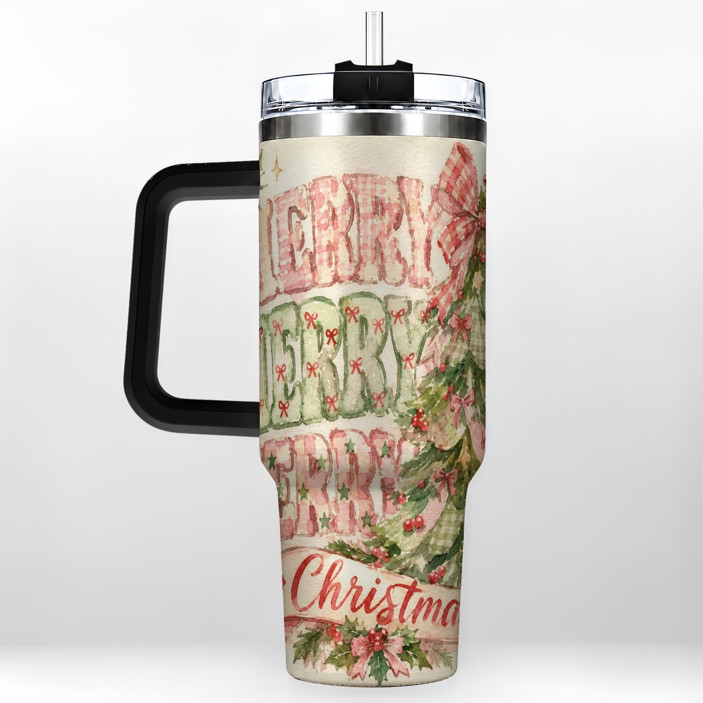 #pl[40oz|Black] Pink Gingham Christmas Tree 40oz Tumbler with Handle, Holiday Travel Cup