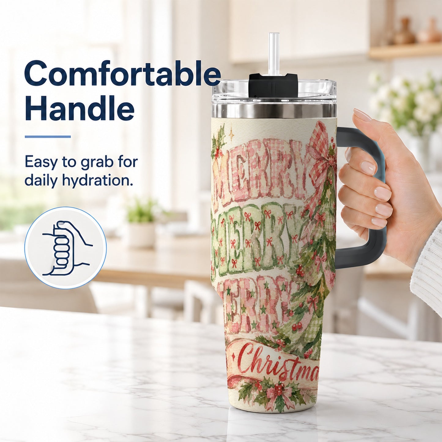 #pl[40oz|Black] Pink Gingham Christmas Tree 40oz Tumbler with Handle, Holiday Travel Cup