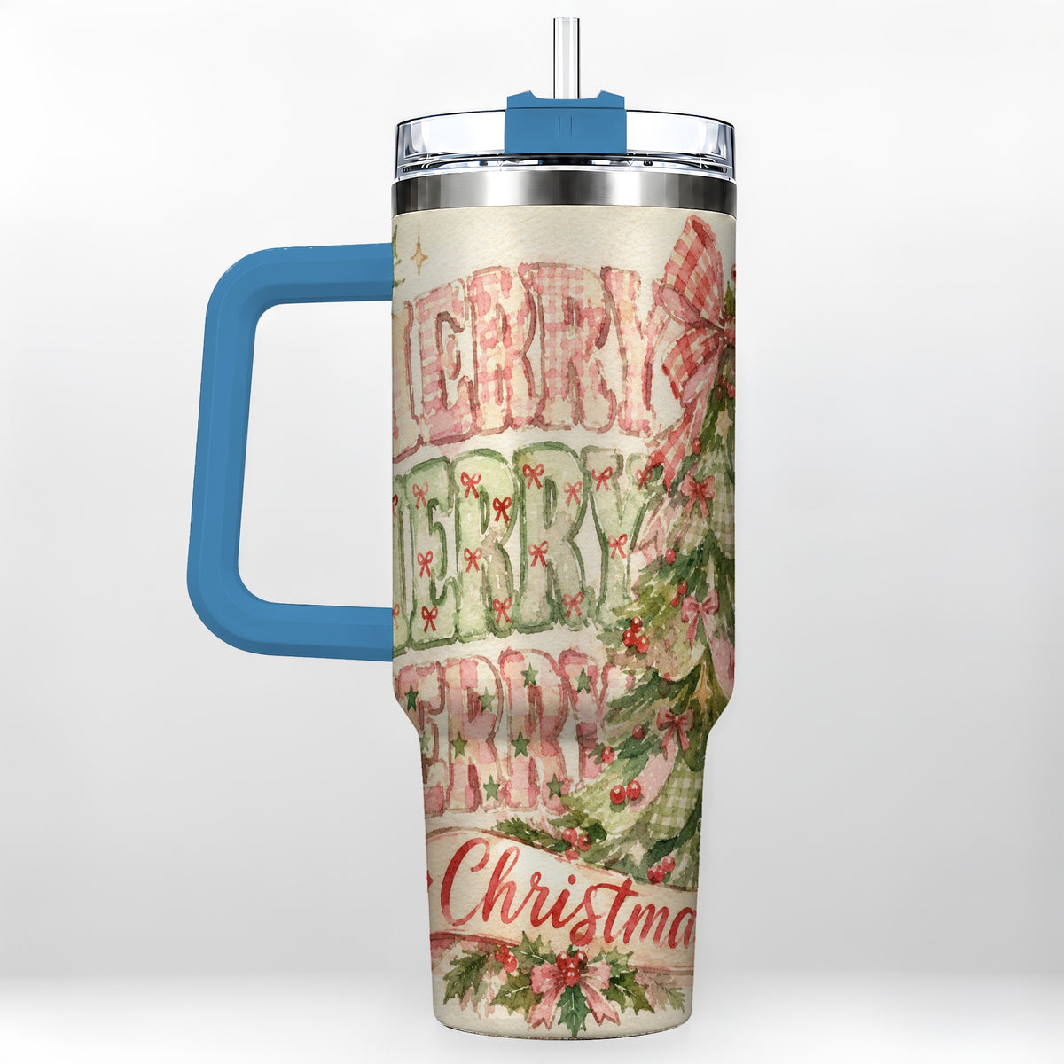 #pl[40oz|Blue] Pink Gingham Christmas Tree 40oz Tumbler with Handle, Holiday Travel Cup