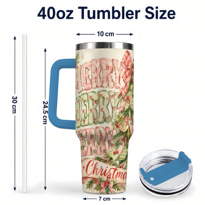 #pl[40oz|Blue] Pink Gingham Christmas Tree 40oz Tumbler with Handle, Holiday Travel Cup