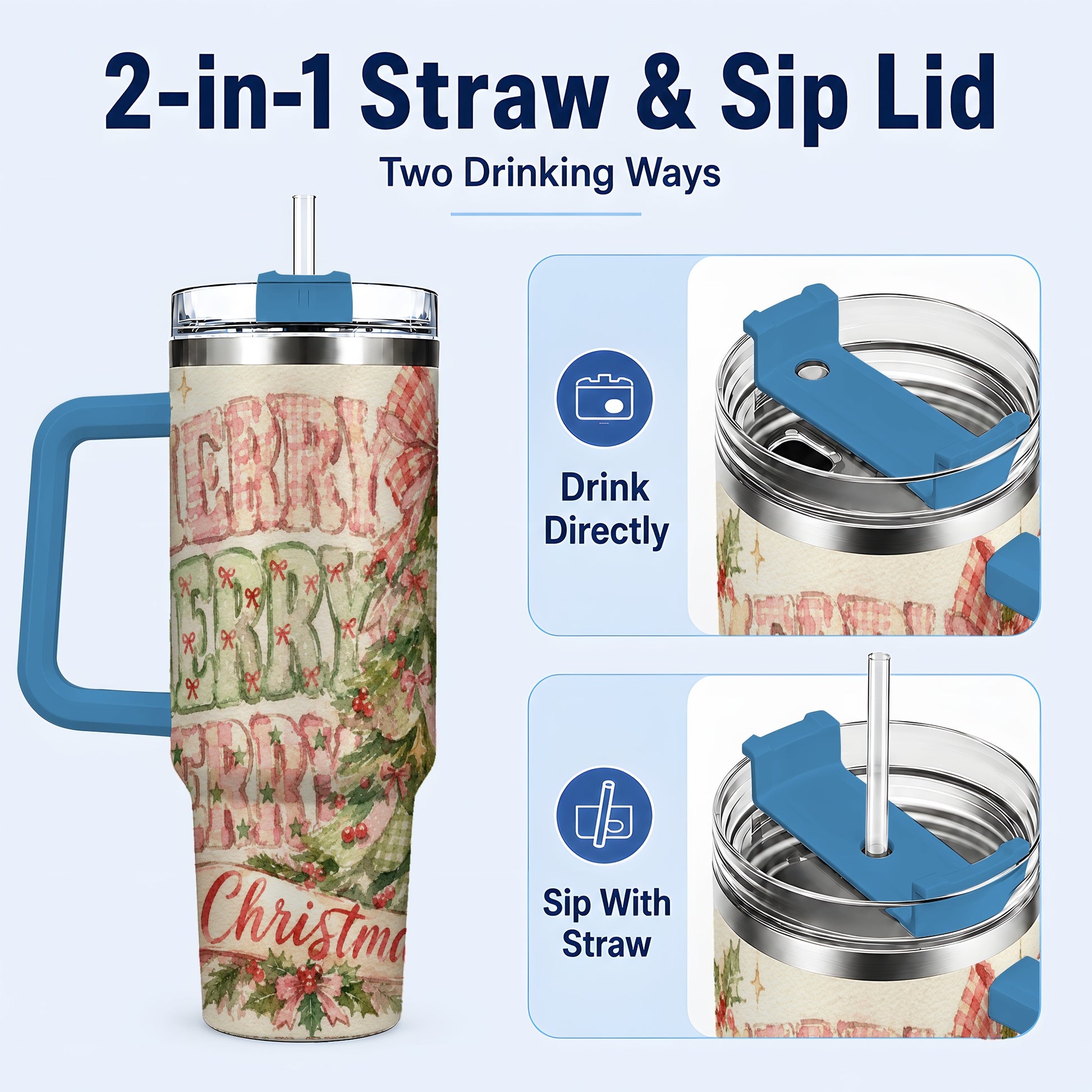 #pl[40oz|Blue] Pink Gingham Christmas Tree 40oz Tumbler with Handle, Holiday Travel Cup