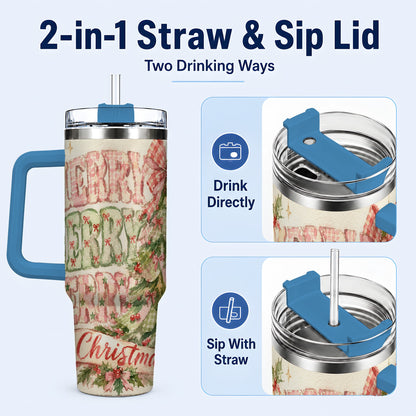 #pl[40oz|Blue] Pink Gingham Christmas Tree 40oz Tumbler with Handle, Holiday Travel Cup