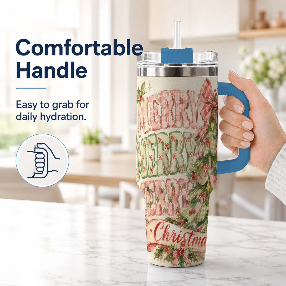 #pl[40oz|Blue] Pink Gingham Christmas Tree 40oz Tumbler with Handle, Holiday Travel Cup